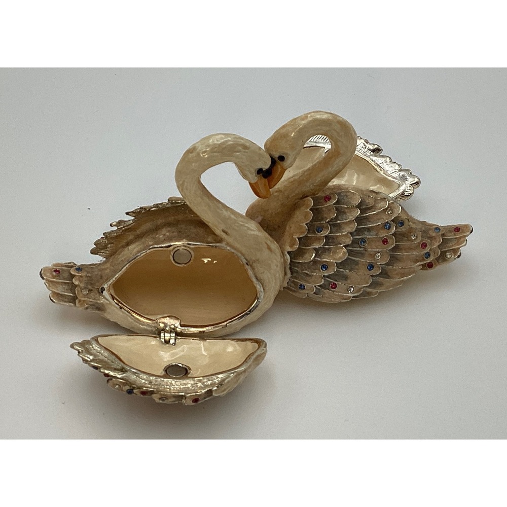 Jeweled Enamel Double Swan Trinket Box Heart Neck Crystal Hinged Keepsake Gold